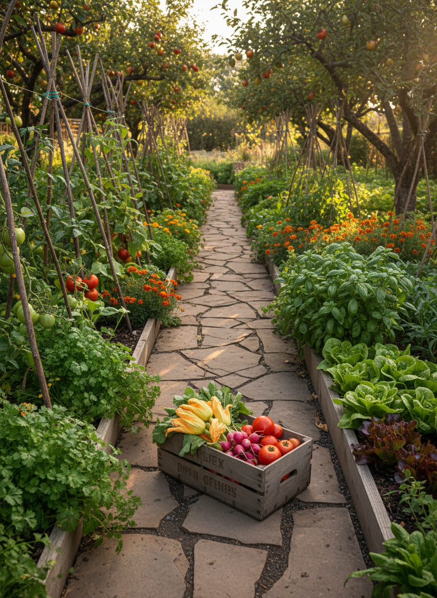 A sun-dappled cottage garden path lined with raised beds overflowing with herbs and vegetables: feathery cilantro, tall tomato vines supported by rustic wooden stakes, bushy basil, and bright marigolds tucked between rows of leafy lettuce. At the center sits a weathered wooden crate filled with freshly picked produce: squash blossoms, radishes, and plump tomatoes. Soft afternoon sunlight filters through fruit tree branches overhead, creating a patchwork of light and shadow. Photographic realism, captured from a slightly elevated perspective with sharp focus throughout to showcase every leaf and texture. The mood is serene, hopeful, and playful, suggesting endless garden cooking possibilities, with no human figures anywhere in the scene.